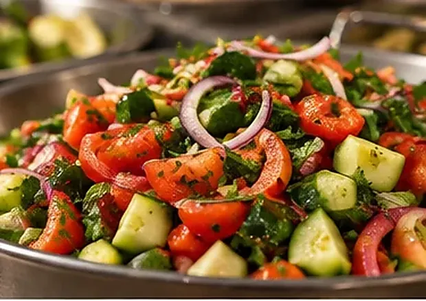 Chopped tomato and cucumber salad — illustrative image